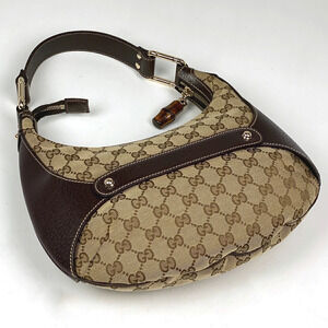 Gucci Shoulder GG Bamboo Canvas Bag Horsebit Brown Hobo Beige
